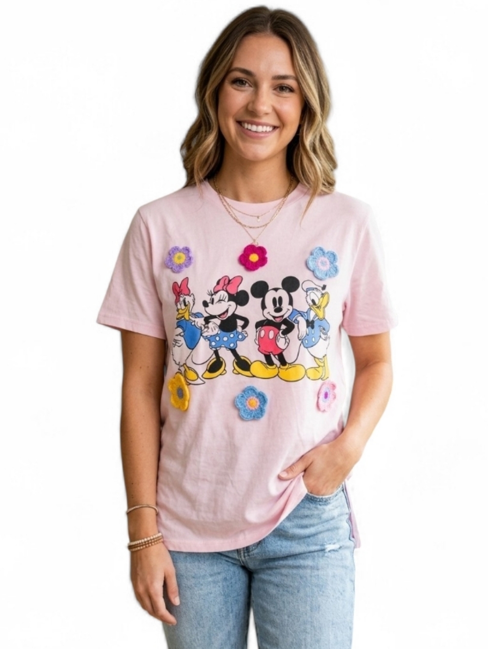 Disney Pink Mickey & Mini Mouse + Friends Graphic Shirt Crochet Flowers SZ M